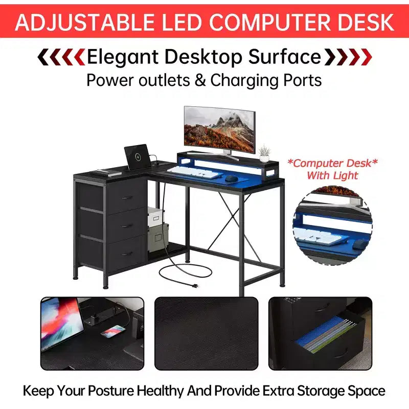 43-inch computer desk, L-shaped desk with socket and light strip, with 3 drawers and monitor stand, reversible, suitable for study and work