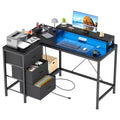 43-inch computer desk, L-shaped desk with socket and light strip, with 3 drawers and monitor stand, reversible, suitable for study and work