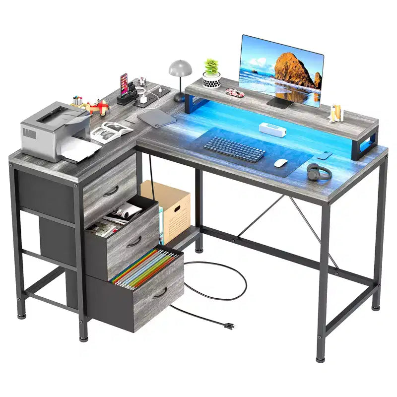43-inch computer desk, L-shaped desk with socket and light strip, with 3 drawers and monitor stand, reversible, suitable for study and work