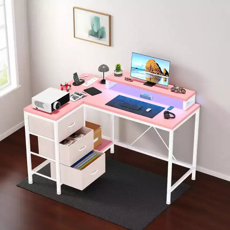 43-inch computer desk, L-shaped desk with socket and light strip, with 3 drawers and monitor stand, reversible, suitable for study and work
