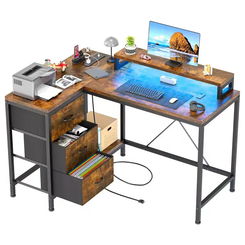 43-inch computer desk, L-shaped desk with socket and light strip, with 3 drawers and monitor stand, reversible, suitable for study and work