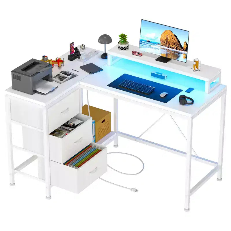 43-inch computer desk, L-shaped desk with socket and light strip, with 3 drawers and monitor stand, reversible, suitable for study and work
