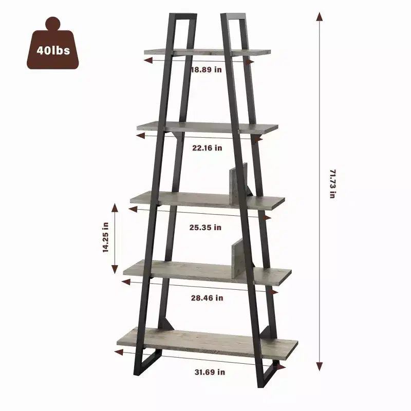 5 Tier Bookshelf, Tall Bookcase Shelf, Industrial Ladder Bookshelf, Open Standing Display Shelves for Bedroom, Living Room and Office