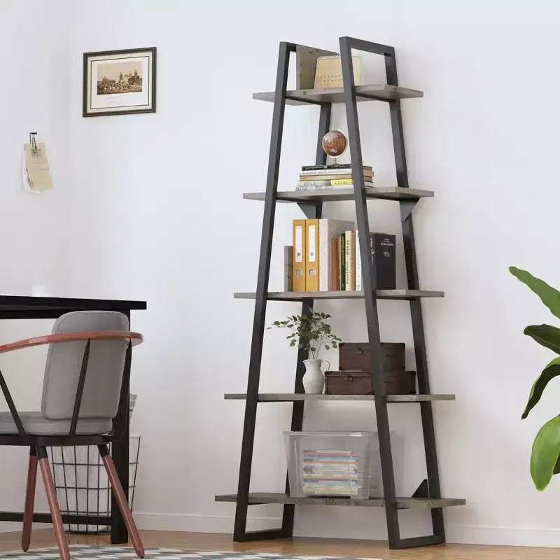 5 Tier Bookshelf, Tall Bookcase Shelf, Industrial Ladder Bookshelf, Open Standing Display Shelves for Bedroom, Living Room and Office