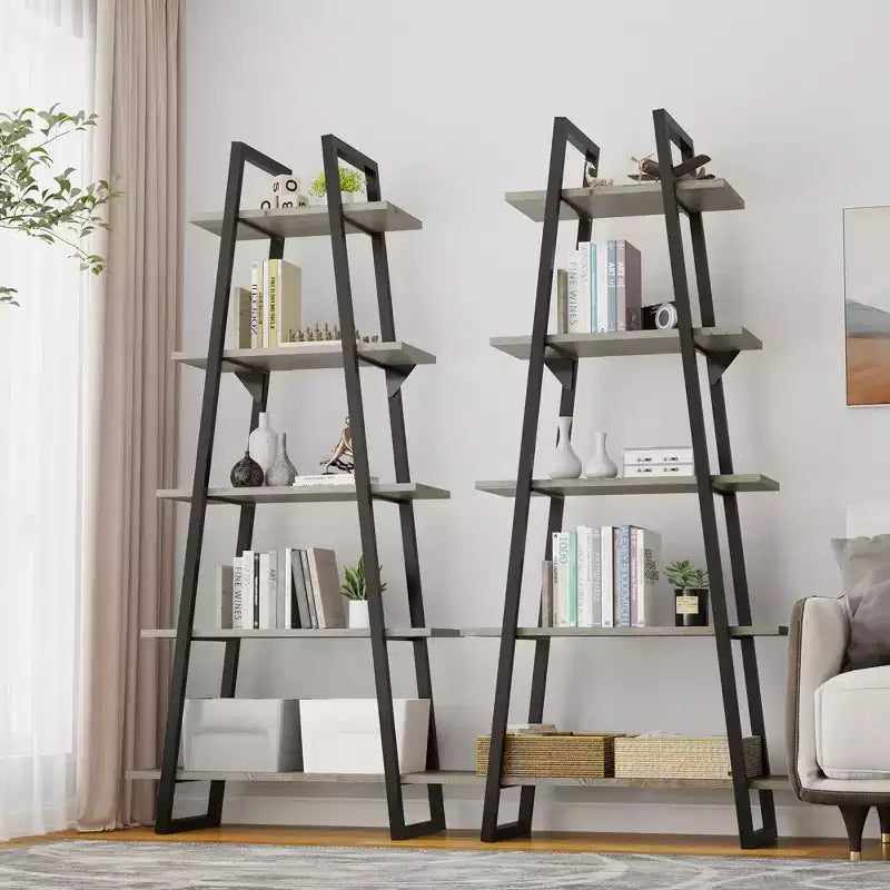 5 Tier Bookshelf, Tall Bookcase Shelf, Industrial Ladder Bookshelf, Open Standing Display Shelves for Bedroom, Living Room and Office