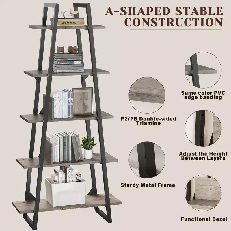 5 Tier Bookshelf, Tall Bookcase Shelf, Industrial Ladder Bookshelf, Open Standing Display Shelves for Bedroom, Living Room and Office