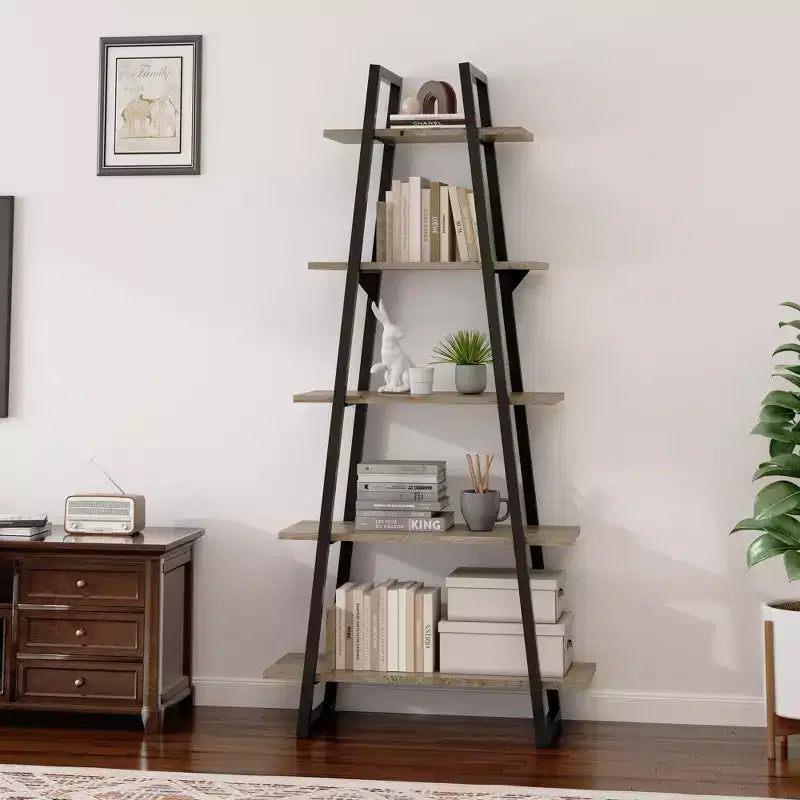5 Tier Bookshelf, Tall Bookcase Shelf, Industrial Ladder Bookshelf, Open Standing Display Shelves for Bedroom, Living Room and Office