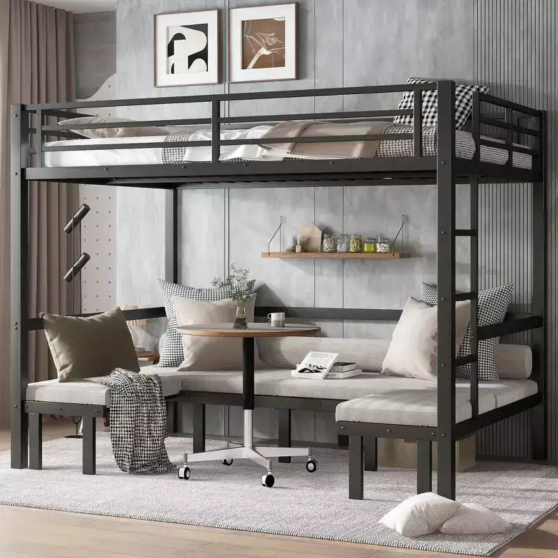 Queen Over Queen Size Pull-Out Metal Bunk Bed, Lower Bunk Can Be Pulled Out In Three Sections, Top Bunk Equipped With Safety Rails, Black
