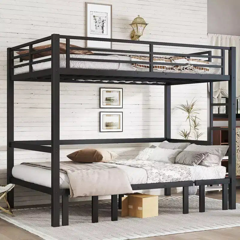Queen Over Queen Size Pull-Out Metal Bunk Bed, Lower Bunk Can Be Pulled Out In Three Sections, Top Bunk Equipped With Safety Rails, Black