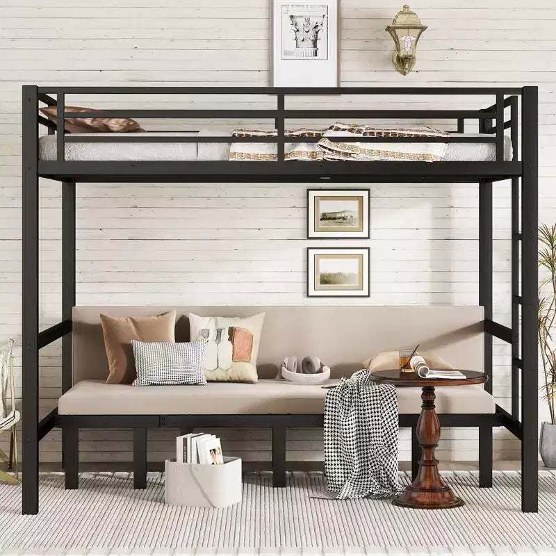 Queen Over Queen Size Pull-Out Metal Bunk Bed, Lower Bunk Can Be Pulled Out In Three Sections, Top Bunk Equipped With Safety Rails, Black