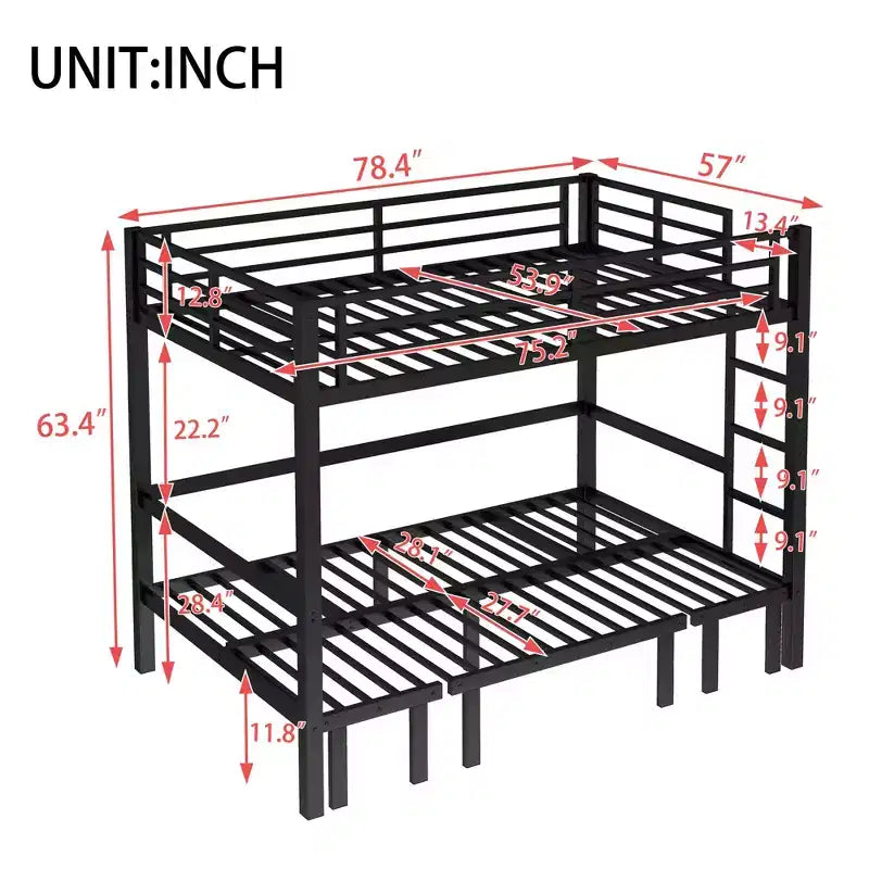 Queen Over Queen Size Pull-Out Metal Bunk Bed, Lower Bunk Can Be Pulled Out In Three Sections, Top Bunk Equipped With Safety Rails, Black