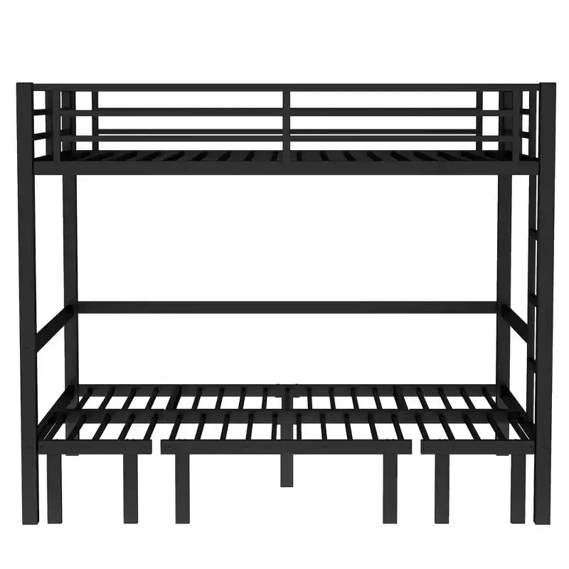 Queen Over Queen Size Pull-Out Metal Bunk Bed, Lower Bunk Can Be Pulled Out In Three Sections, Top Bunk Equipped With Safety Rails, Black