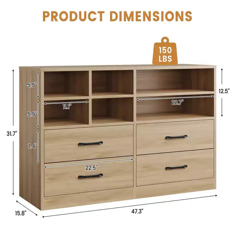 4 Drawers Dresser with 6 Open Cubbies, Adjustable Shelves, for Living Room,yModern Chest of Drawers