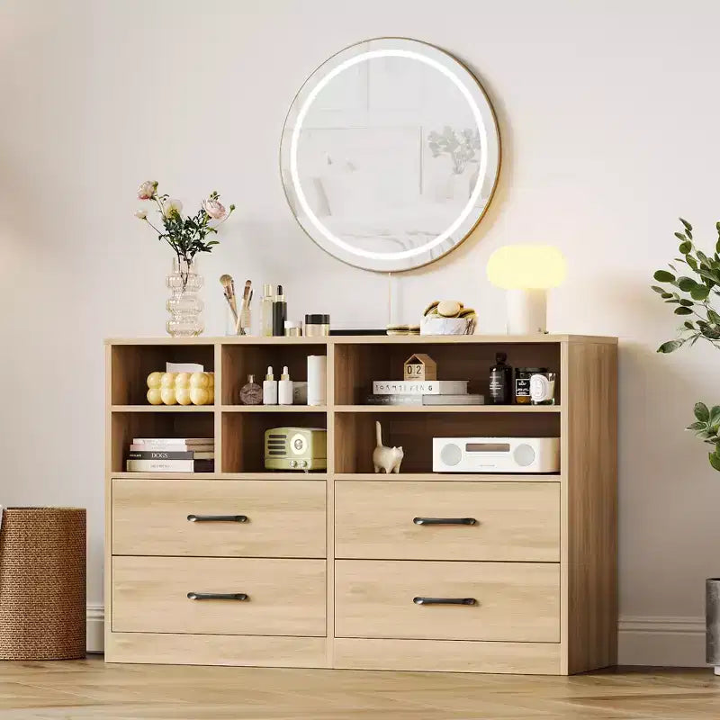 4 Drawers Dresser with 6 Open Cubbies, Adjustable Shelves, for Living Room,yModern Chest of Drawers