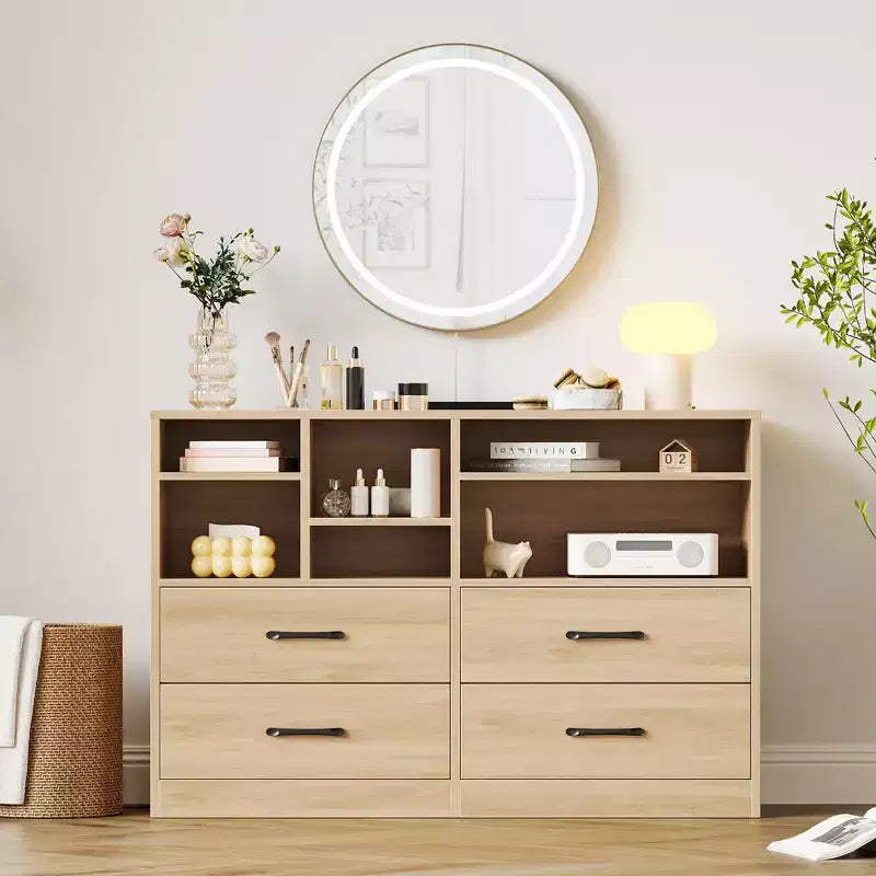 4 Drawers Dresser with 6 Open Cubbies, Adjustable Shelves, for Living Room,yModern Chest of Drawers