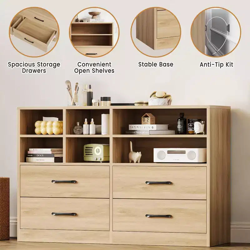 4 Drawers Dresser with 6 Open Cubbies, Adjustable Shelves, for Living Room,yModern Chest of Drawers