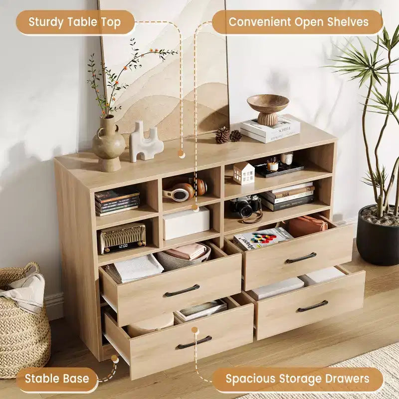 4 Drawers Dresser with 6 Open Cubbies, Adjustable Shelves, for Living Room,yModern Chest of Drawers