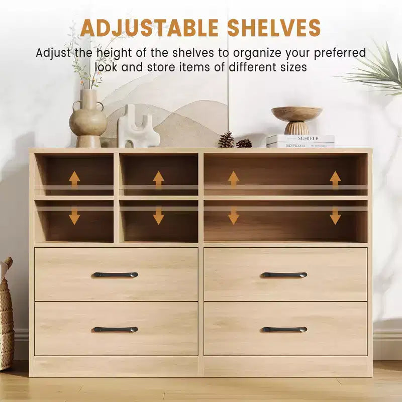4 Drawers Dresser with 6 Open Cubbies, Adjustable Shelves, for Living Room,yModern Chest of Drawers
