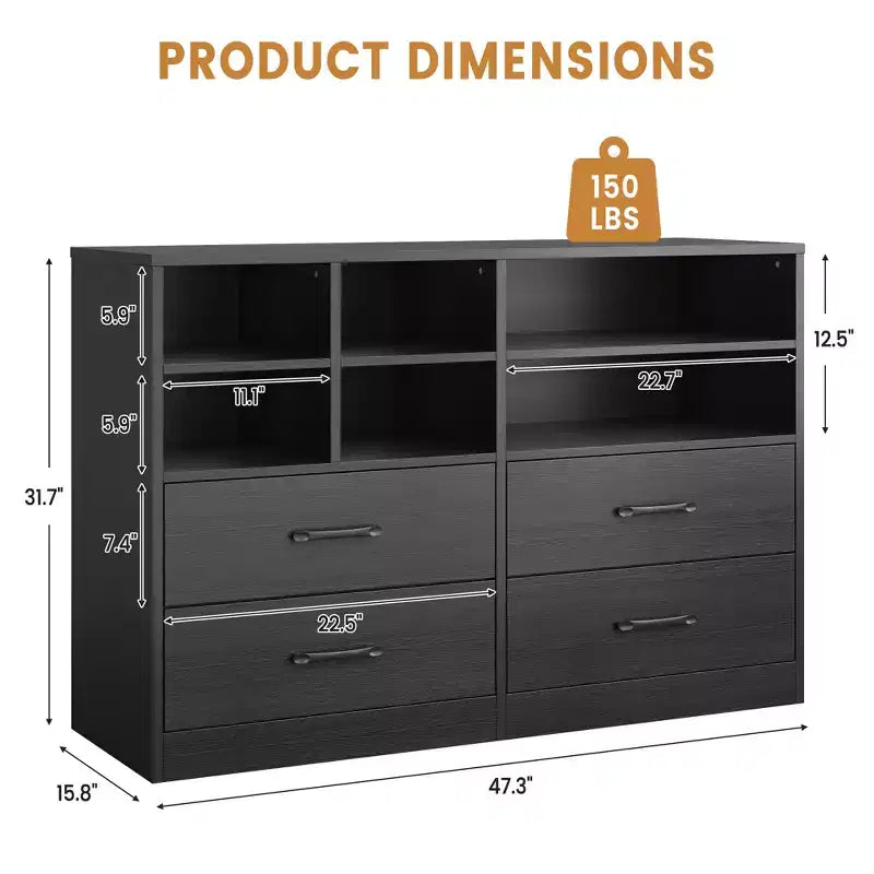 4 Drawers Dresser with 6 Open Cubbies, Adjustable Shelves, for Living Room,yModern Chest of Drawers