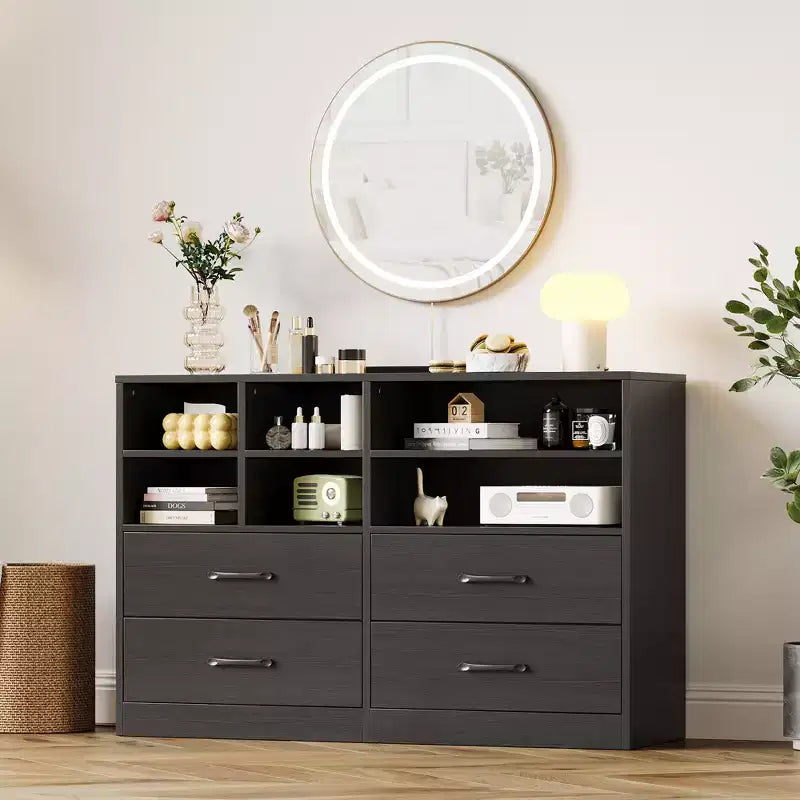 4 Drawers Dresser with 6 Open Cubbies, Adjustable Shelves, for Living Room,yModern Chest of Drawers