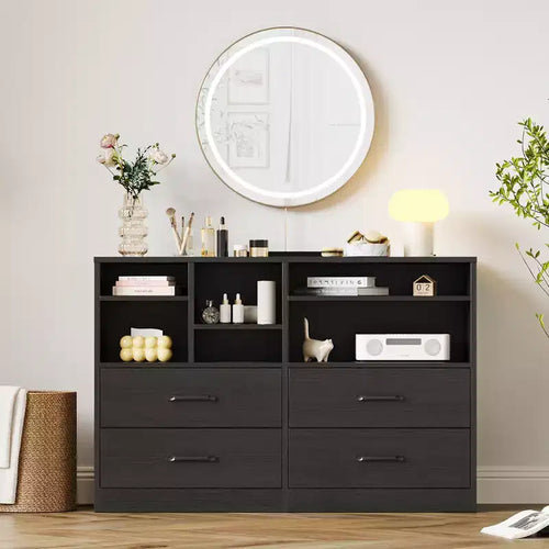 4 Drawers Dresser with 6 Open Cubbies, Adjustable Shelves, for Living Room,yModern Chest of Drawers