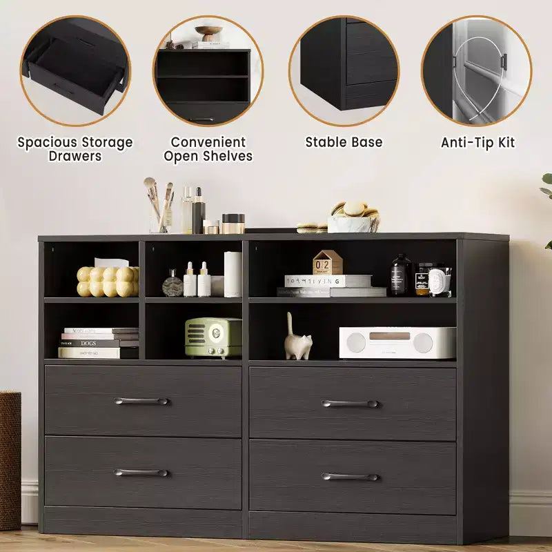 4 Drawers Dresser with 6 Open Cubbies, Adjustable Shelves, for Living Room,yModern Chest of Drawers