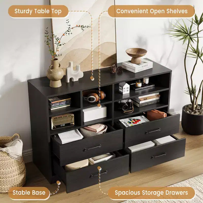 4 Drawers Dresser with 6 Open Cubbies, Adjustable Shelves, for Living Room,yModern Chest of Drawers