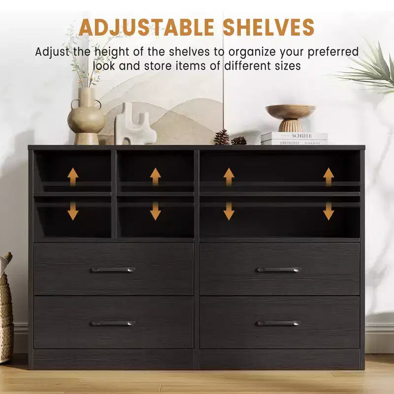 4 Drawers Dresser with 6 Open Cubbies, Adjustable Shelves, for Living Room,yModern Chest of Drawers