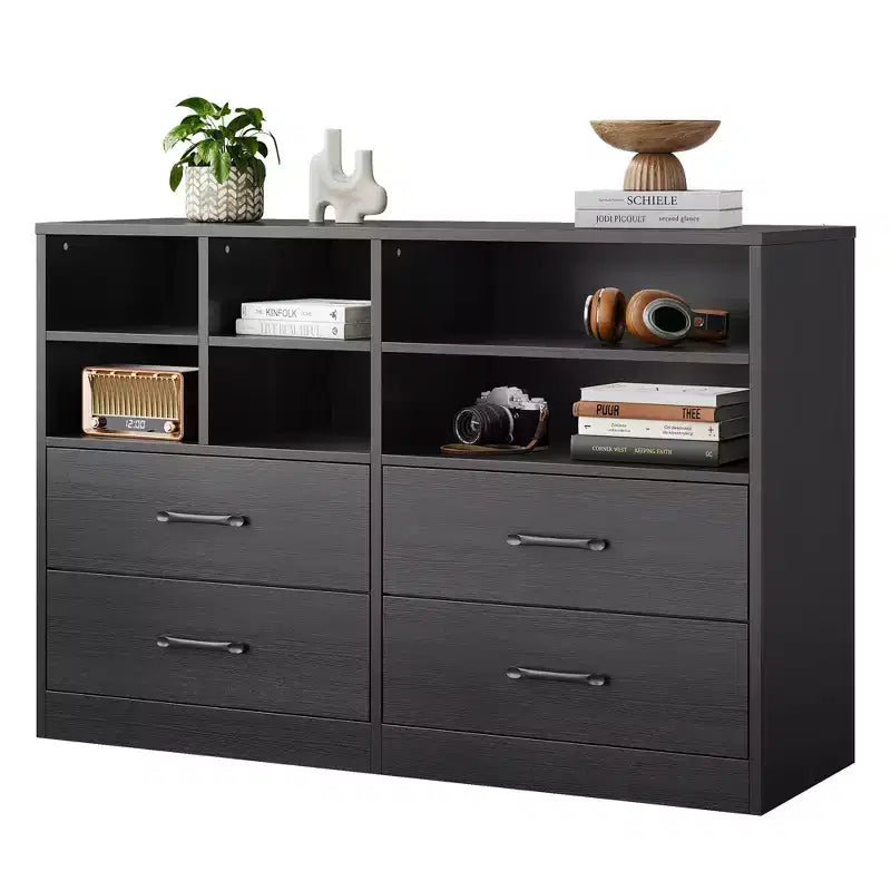 4 Drawers Dresser with 6 Open Cubbies, Adjustable Shelves, for Living Room,yModern Chest of Drawers