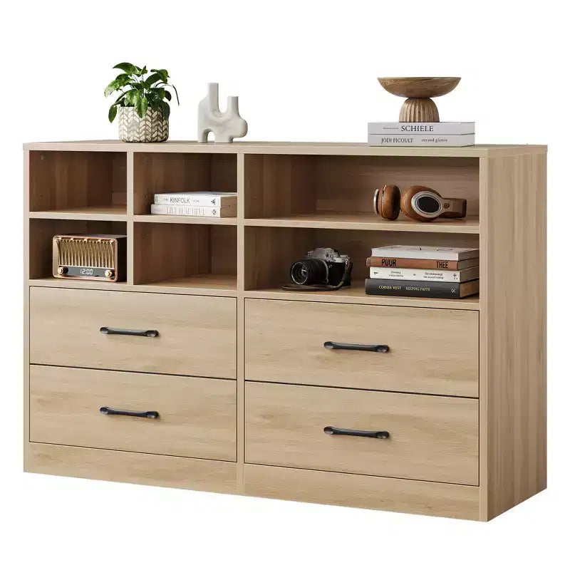 4 Drawers Dresser with 6 Open Cubbies, Adjustable Shelves, for Living Room,yModern Chest of Drawers