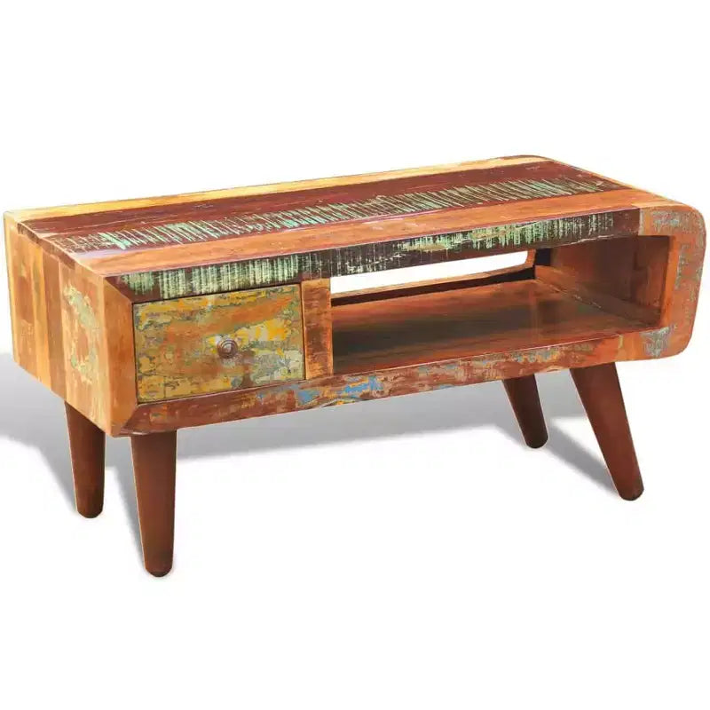 vidaXL Antique Coffee Table, Handmade with Curved Edge, 1 Drawer, Purely Handmade, Made from Reclaimed Wood, Wooden Vintage Decor for Living Room
