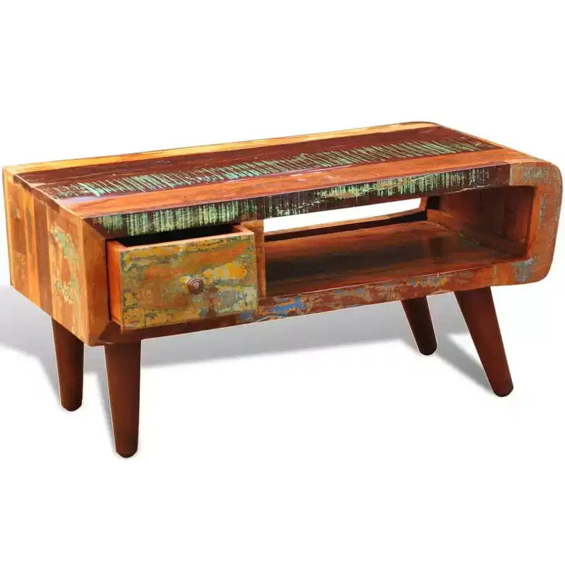 vidaXL Antique Coffee Table, Handmade with Curved Edge, 1 Drawer, Purely Handmade, Made from Reclaimed Wood, Wooden Vintage Decor for Living Room