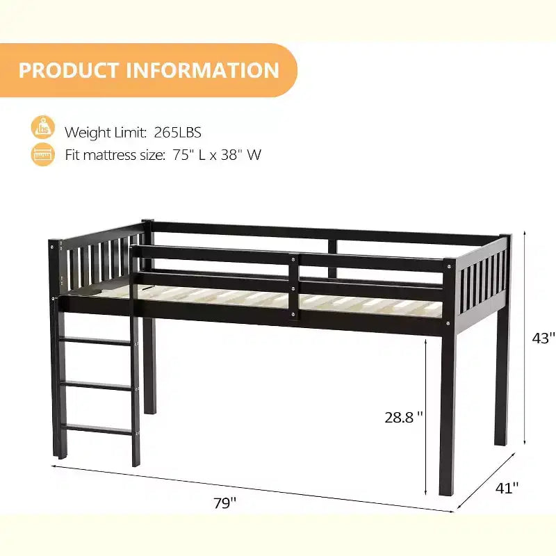 JOYMOR Twin Loft Bed Low Loft Bed Frame for Little Kids Small Room/Low Ceiling Bedrrom with Guardrail and Ladder (Black)