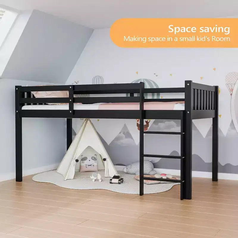 JOYMOR Twin Loft Bed Low Loft Bed Frame for Little Kids Small Room/Low Ceiling Bedrrom with Guardrail and Ladder (Black)