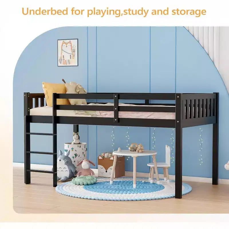 JOYMOR Twin Loft Bed Low Loft Bed Frame for Little Kids Small Room/Low Ceiling Bedrrom with Guardrail and Ladder (Black)