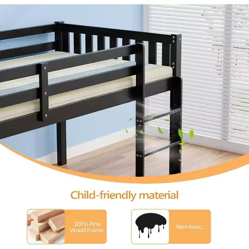 JOYMOR Twin Loft Bed Low Loft Bed Frame for Little Kids Small Room/Low Ceiling Bedrrom with Guardrail and Ladder (Black)