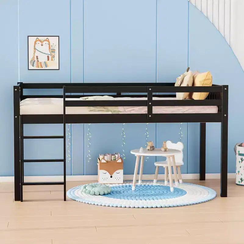 JOYMOR Twin Loft Bed Low Loft Bed Frame for Little Kids Small Room/Low Ceiling Bedrrom with Guardrail and Ladder (Black)