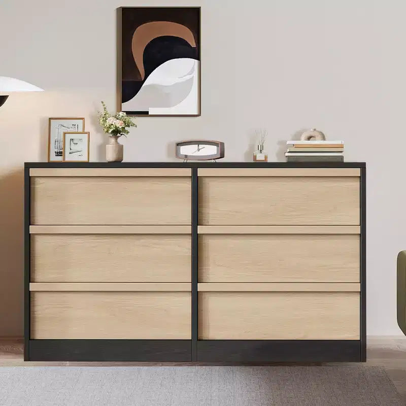 Modern double dressing table with six drawers, wooden storage cabinet, ample storage space, suitable for living rooms, nurseries and hallways.