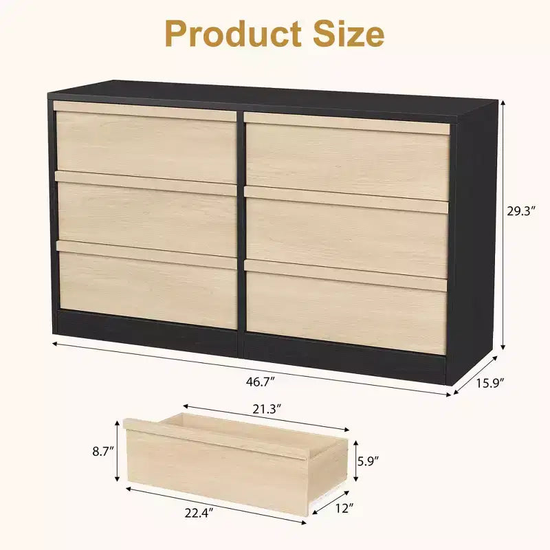Modern double dressing table with six drawers, wooden storage cabinet, ample storage space, suitable for living rooms, nurseries and hallways.