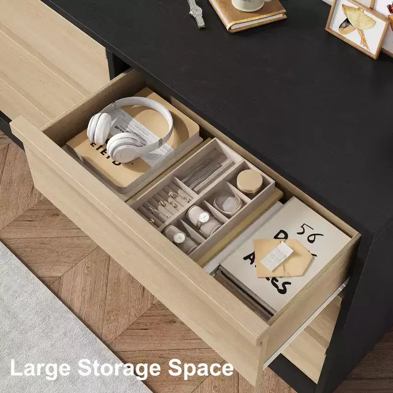 Modern double dressing table with six drawers, wooden storage cabinet, ample storage space, suitable for living rooms, nurseries and hallways.