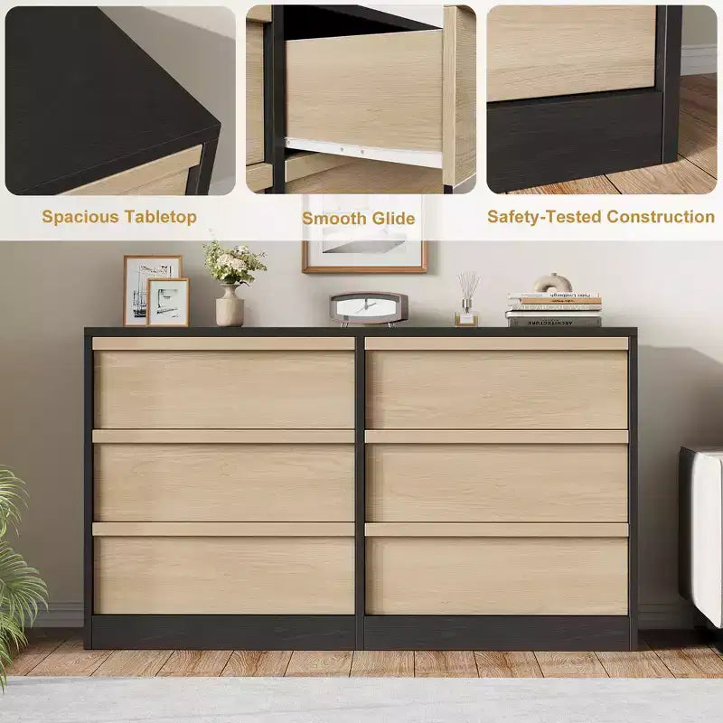 Modern double dressing table with six drawers, wooden storage cabinet, ample storage space, suitable for living rooms, nurseries and hallways.