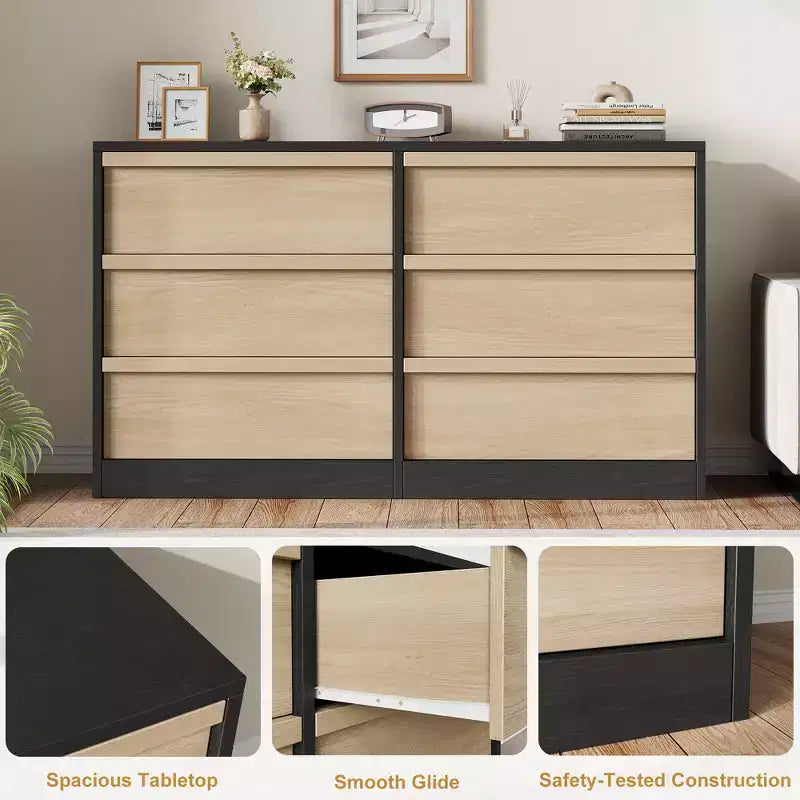 Modern double dressing table with six drawers, wooden storage cabinet, ample storage space, suitable for living rooms, nurseries and hallways.