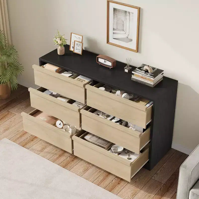 Modern double dressing table with six drawers, wooden storage cabinet, ample storage space, suitable for living rooms, nurseries and hallways.