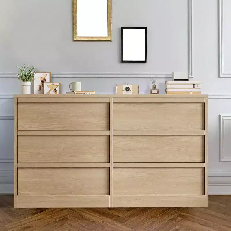 Modern double dressing table with six drawers, wooden storage cabinet, ample storage space, suitable for living rooms, nurseries and hallways.