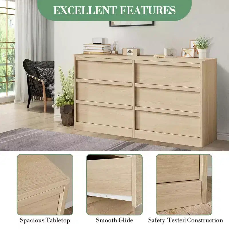 Modern double dressing table with six drawers, wooden storage cabinet, ample storage space, suitable for living rooms, nurseries and hallways.