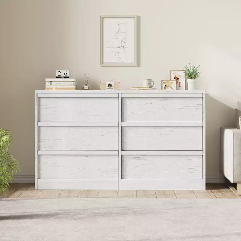 Modern double dressing table with six drawers, wooden storage cabinet, ample storage space, suitable for living rooms, nurseries and hallways.
