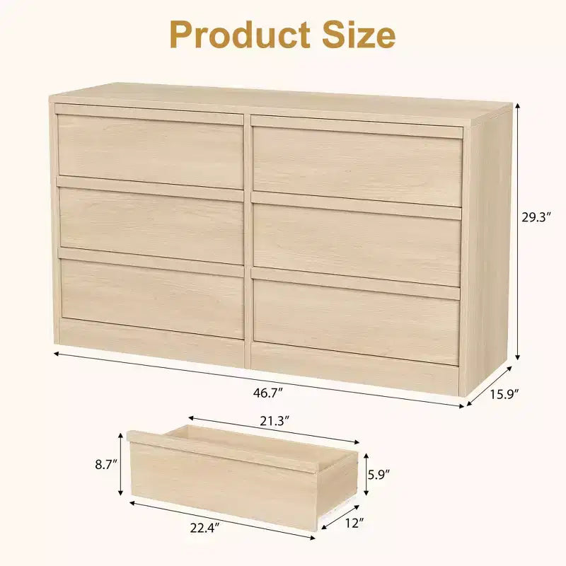 Modern double dressing table with six drawers, wooden storage cabinet, ample storage space, suitable for living rooms, nurseries and hallways.