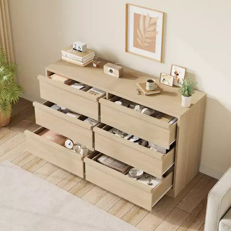 Modern double dressing table with six drawers, wooden storage cabinet, ample storage space, suitable for living rooms, nurseries and hallways.