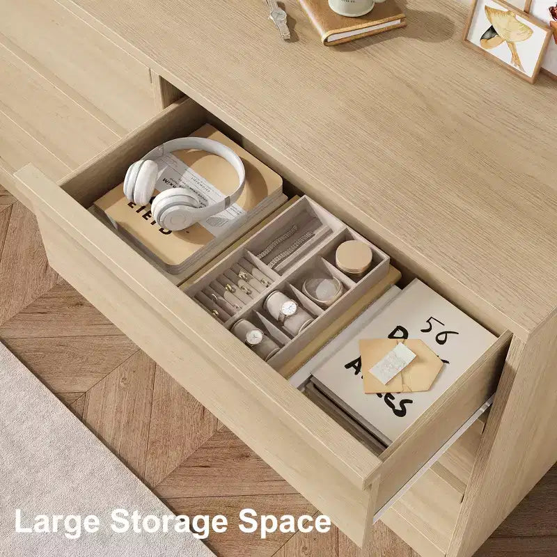 Modern double dressing table with six drawers, wooden storage cabinet, ample storage space, suitable for living rooms, nurseries and hallways.