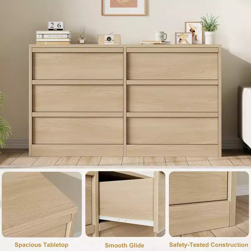 Modern double dressing table with six drawers, wooden storage cabinet, ample storage space, suitable for living rooms, nurseries and hallways.